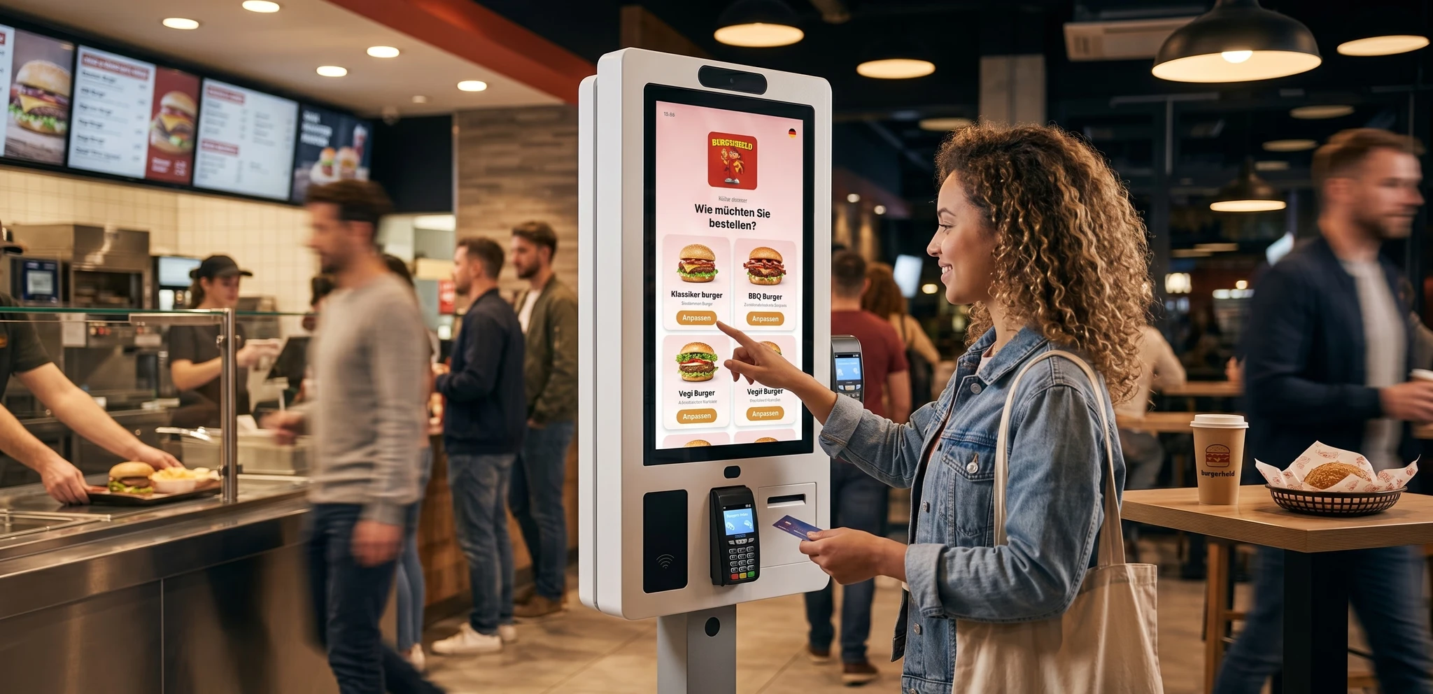 Gast bestelt en betaalt zelf aan een self-orderterminal in een fastservicerestaurant