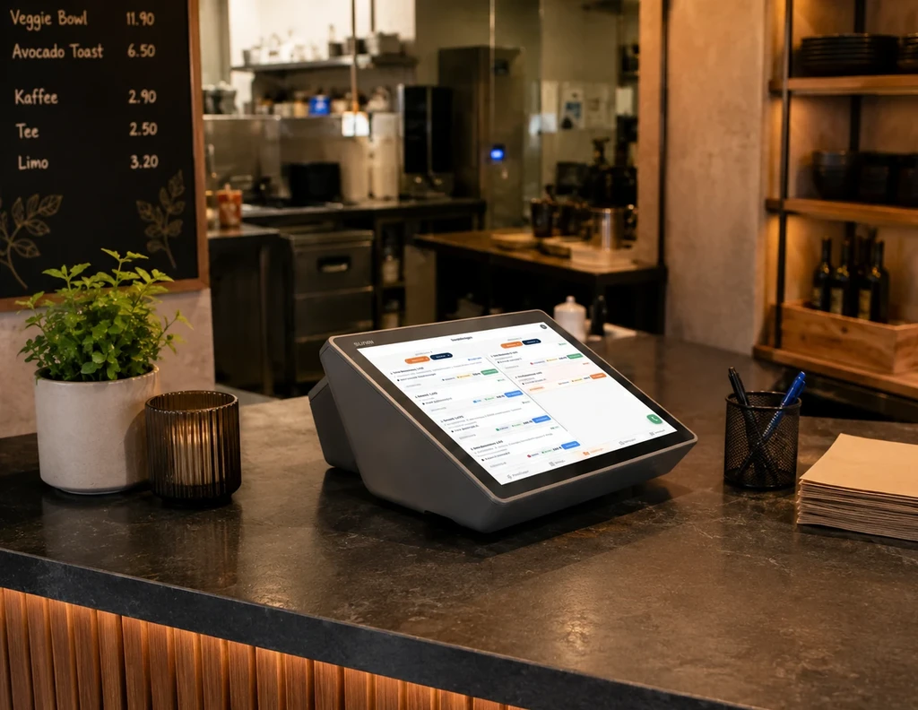Einzelne Kassenstation auf der Theke eines Cafés, auf dem Display die Bestellübersicht