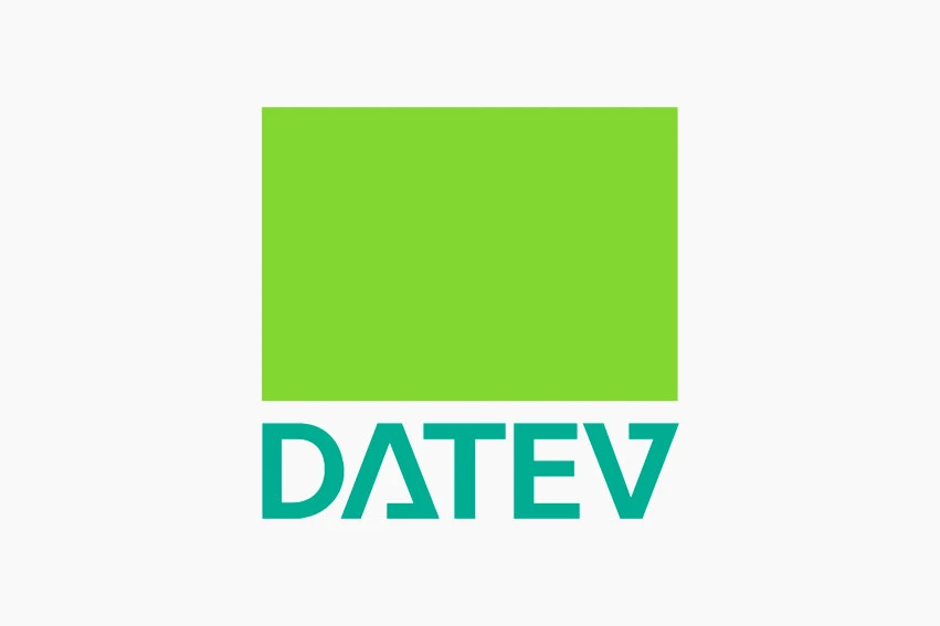 DATEV-Logo: grünes Quadrat über dem türkisen Schriftzug DATEV