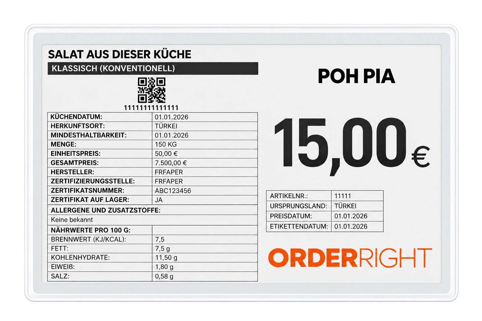 OrderRight digitales Preisschild mit Preis, Artikelinformationen und QR-Code