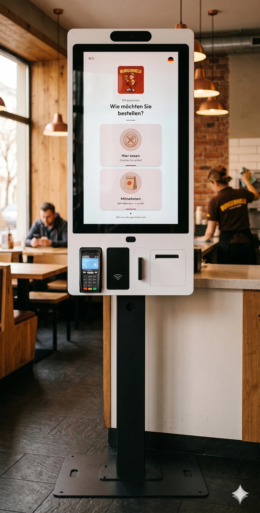 Self-Order-Terminal auf Standfuß im Restaurant mit EC-Terminal und Bestellstart auf dem Bildschirm