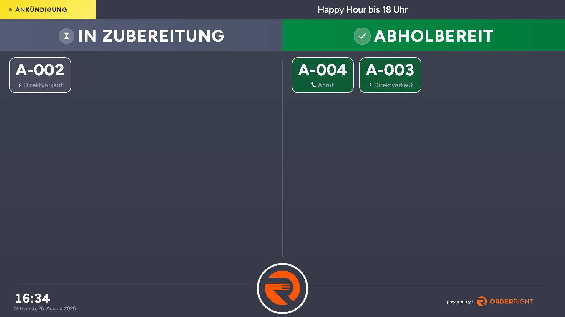 Abholbildschirm mit Bestellnummern