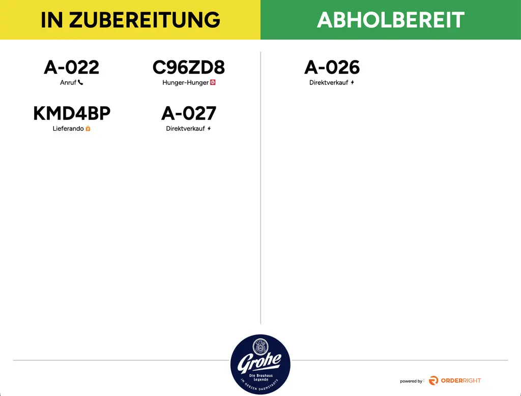 Abholbildschirm mit den Spalten „In Zubereitung“ und „Abholbereit“ und Bestellnummern