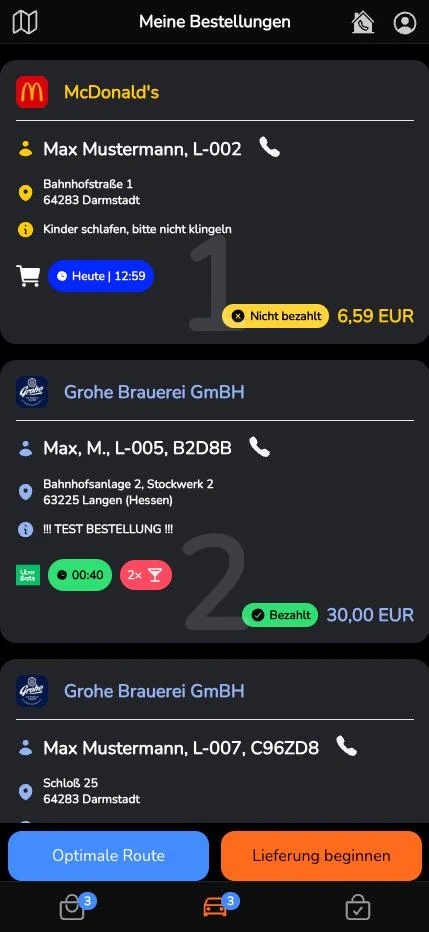 Fahrer-App mit Lieferliste, Adressen und Button für den Lieferstart