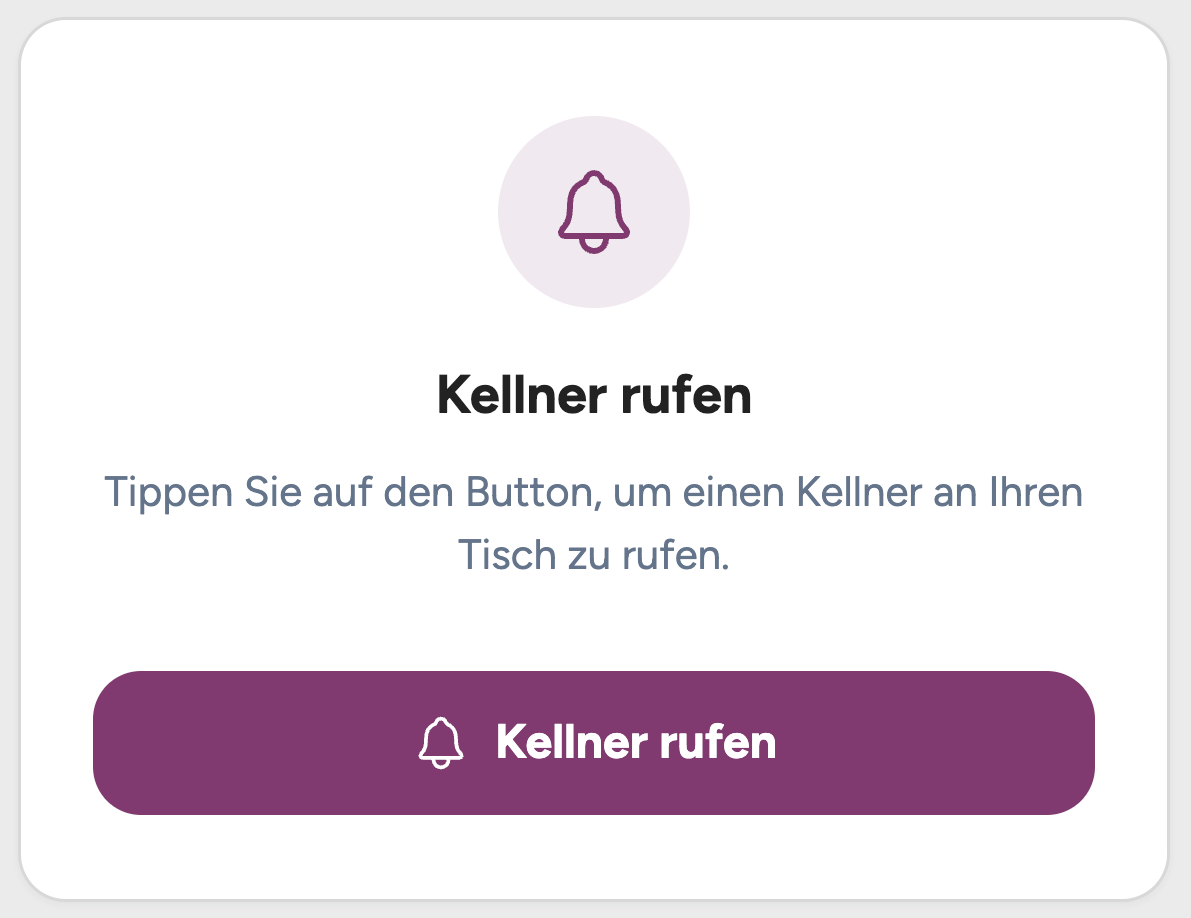 Gästeansicht auf dem Handy mit Schaltfläche, um den Kellner an den Tisch zu rufen
