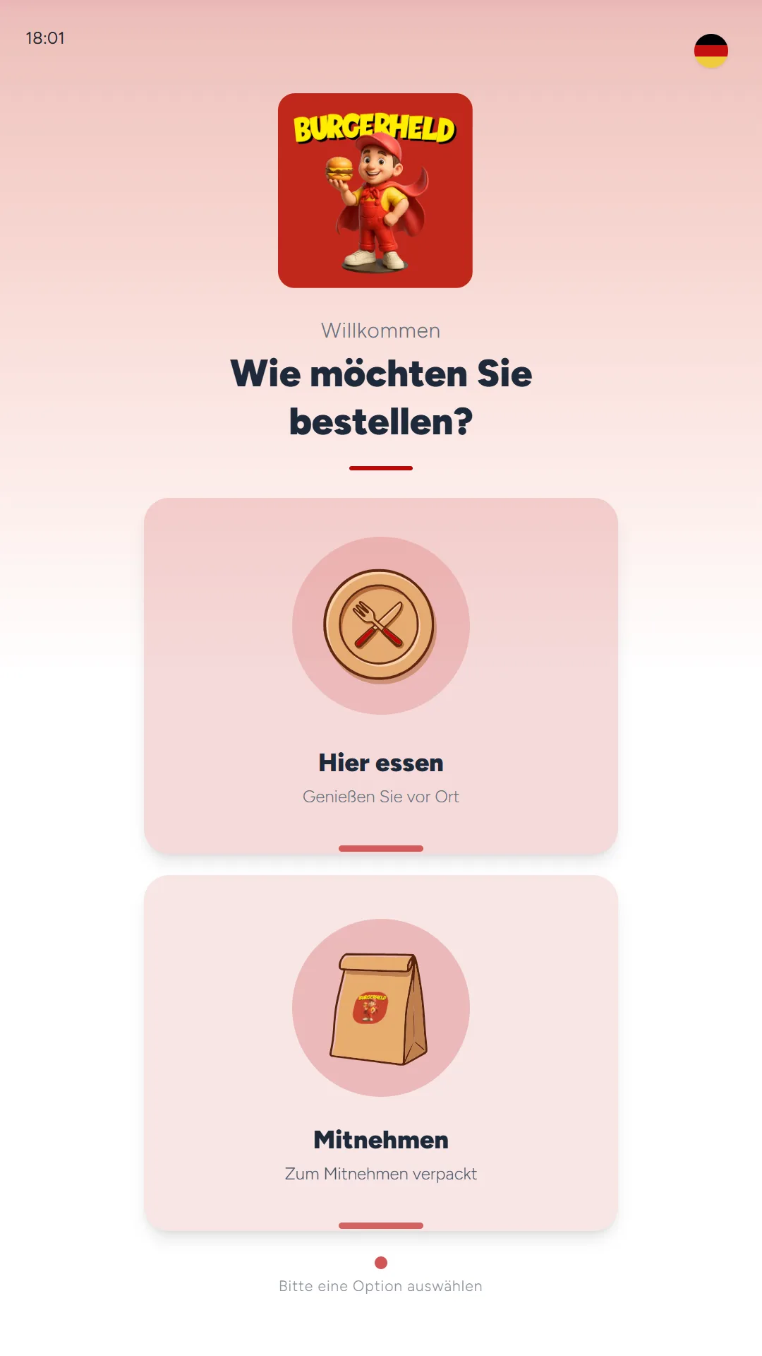 Self-Order-Terminal fragt „Wie möchten Sie bestellen?“ mit den Optionen Hier essen und Mitnehmen