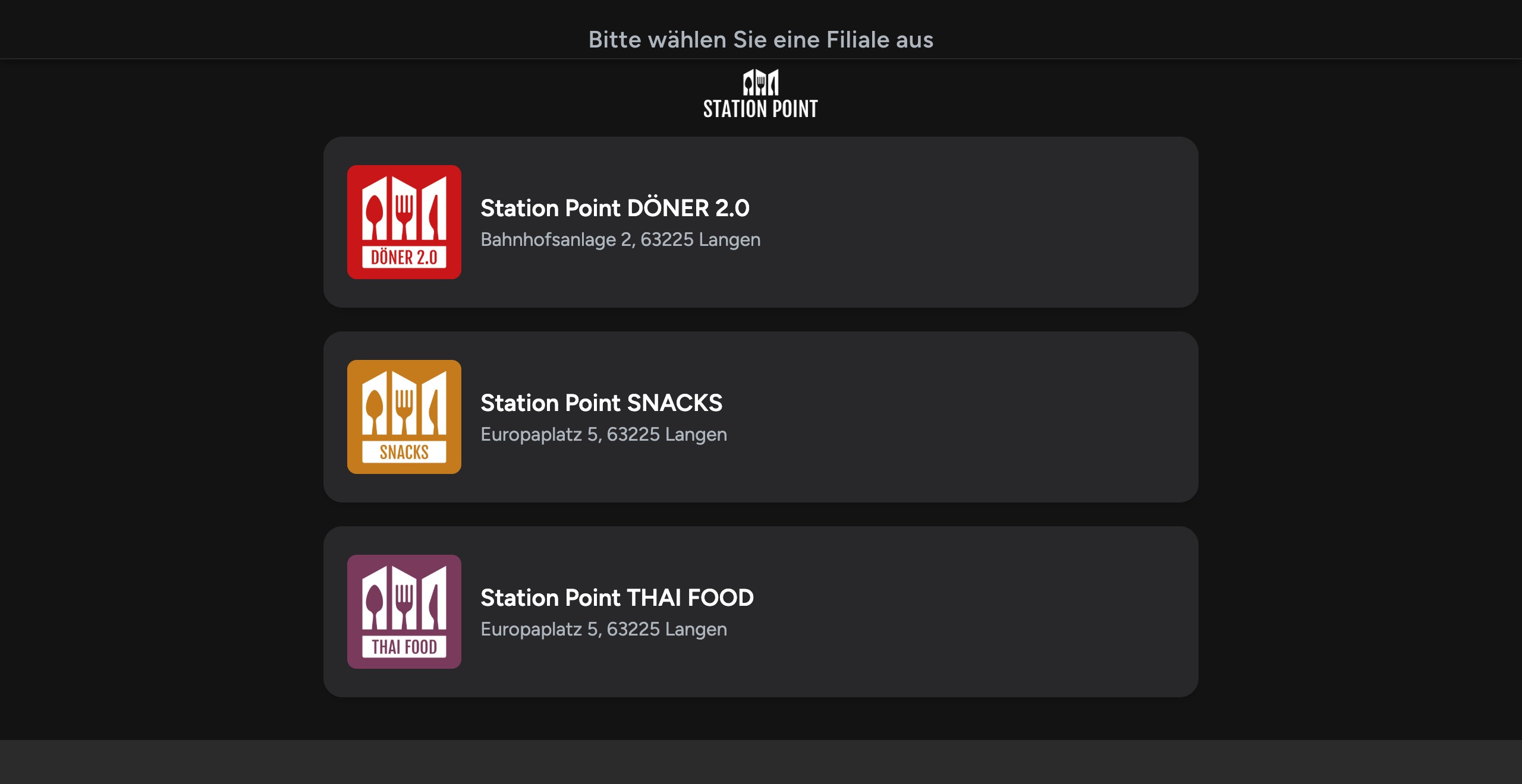 Bestelportaal van Station Point met de drie vestigingen Doner 2.0, Snacks en Thai Food