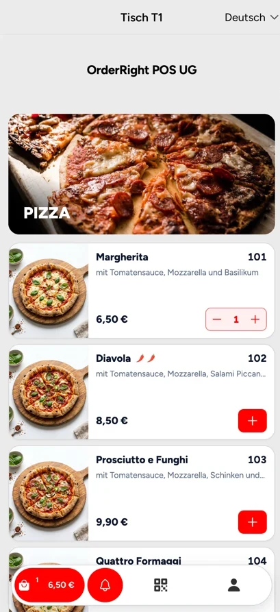 Bestellseite für Tisch T1 mit Pizza-Karte, Preisen und einer Margherita im Warenkorb